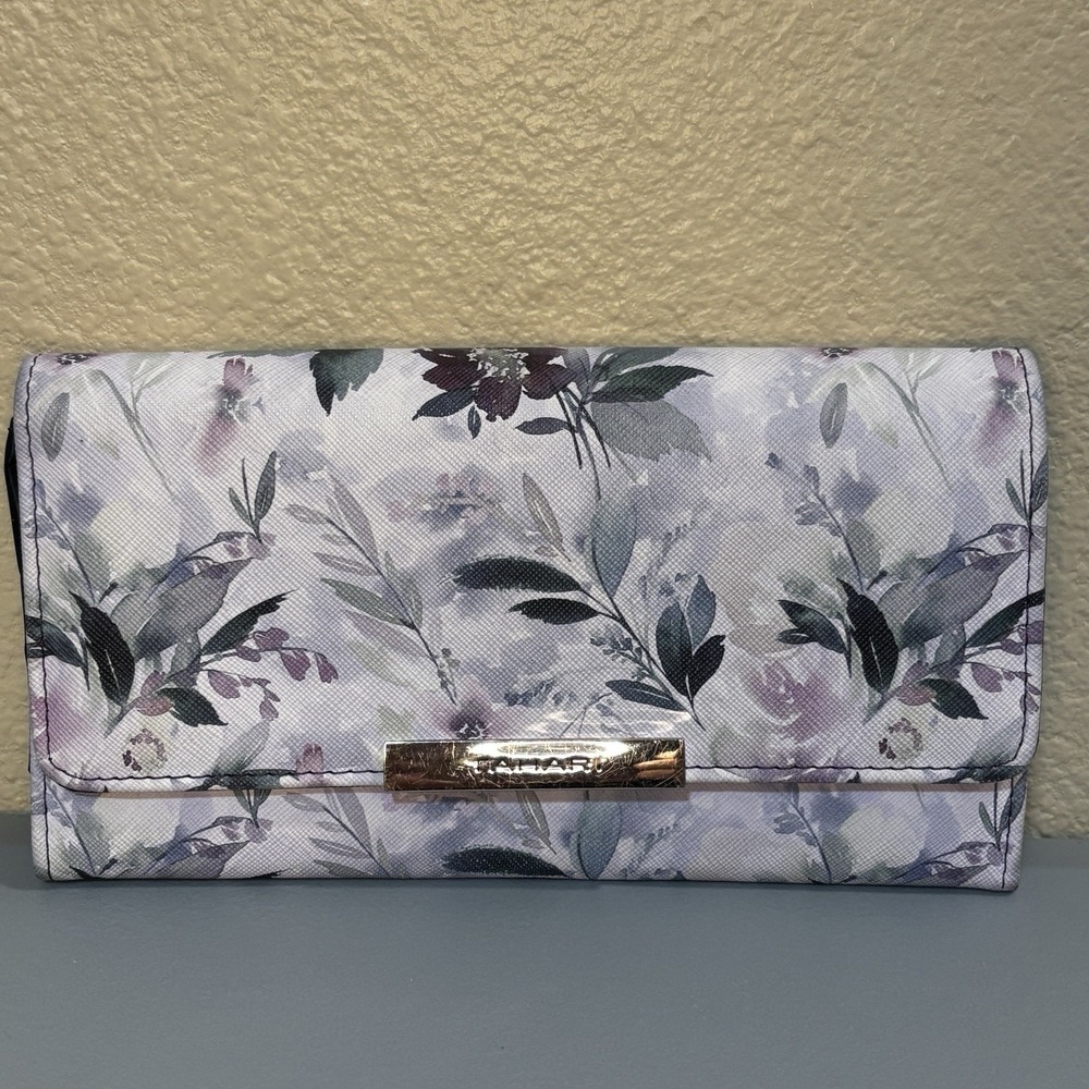 Tahari Floral Large Wallet Trifold Credit Card ID Coin Storage Zip Silver Purple